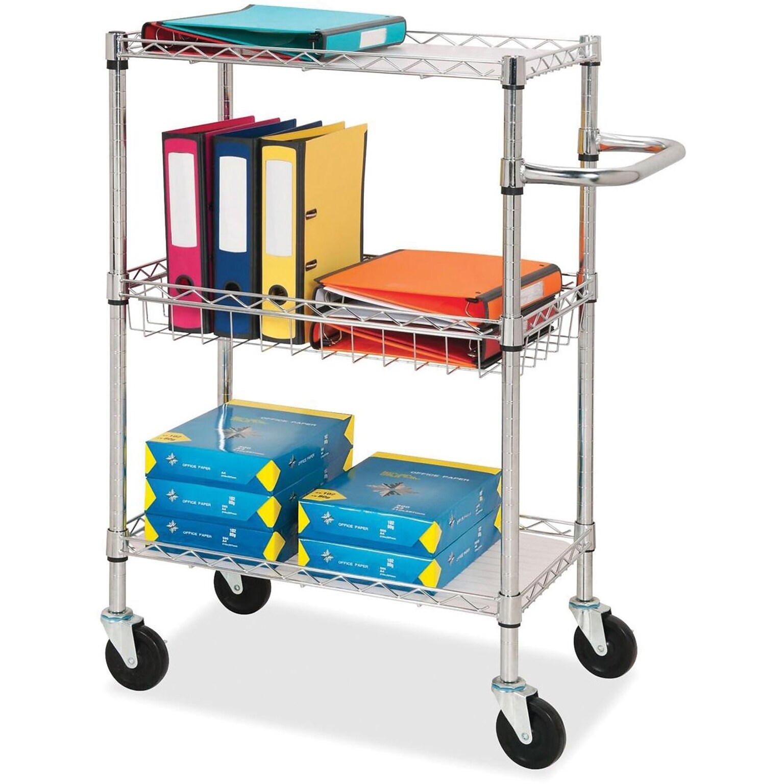 Lorell 3 Shelf Metal Mobile Rolling Cart with Wheels, Chrome (LLR84858)