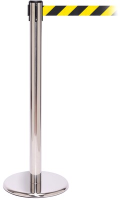 QPro 250 Polished Stainless Steel Stanchion Barrier Post with Retractable 11 Black/Yellow Belt