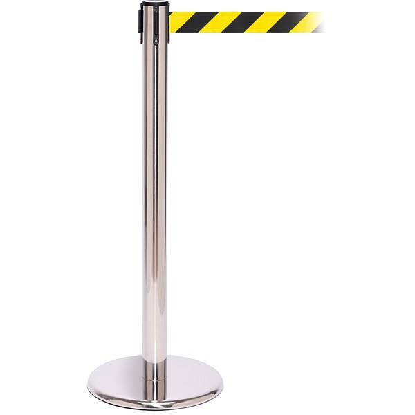 QPro 250 Polished Stainless Steel Stanchion Barrier Post with Retractable 11 Black/Yellow Belt