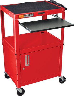 Luxor® Steel Adjustable Height AV Cart W/Cabinet & Pullout Keyboard Tray, Red