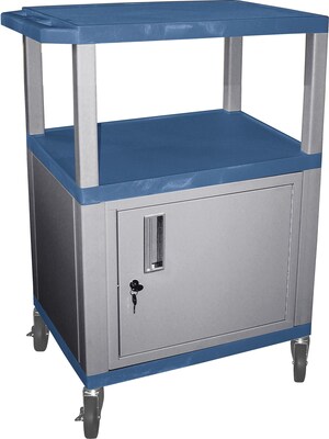 H Wilson® 34(H) 3 Shelves Tuffy AV Cart W/Nickel Legs, Cabinet & Electrical Attachment, Blue