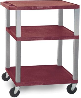 H Wilson® 34(H) 3 Shelves Tuffy AV Carts W/Nickel Legs & Electrical Attachment, Burgundy