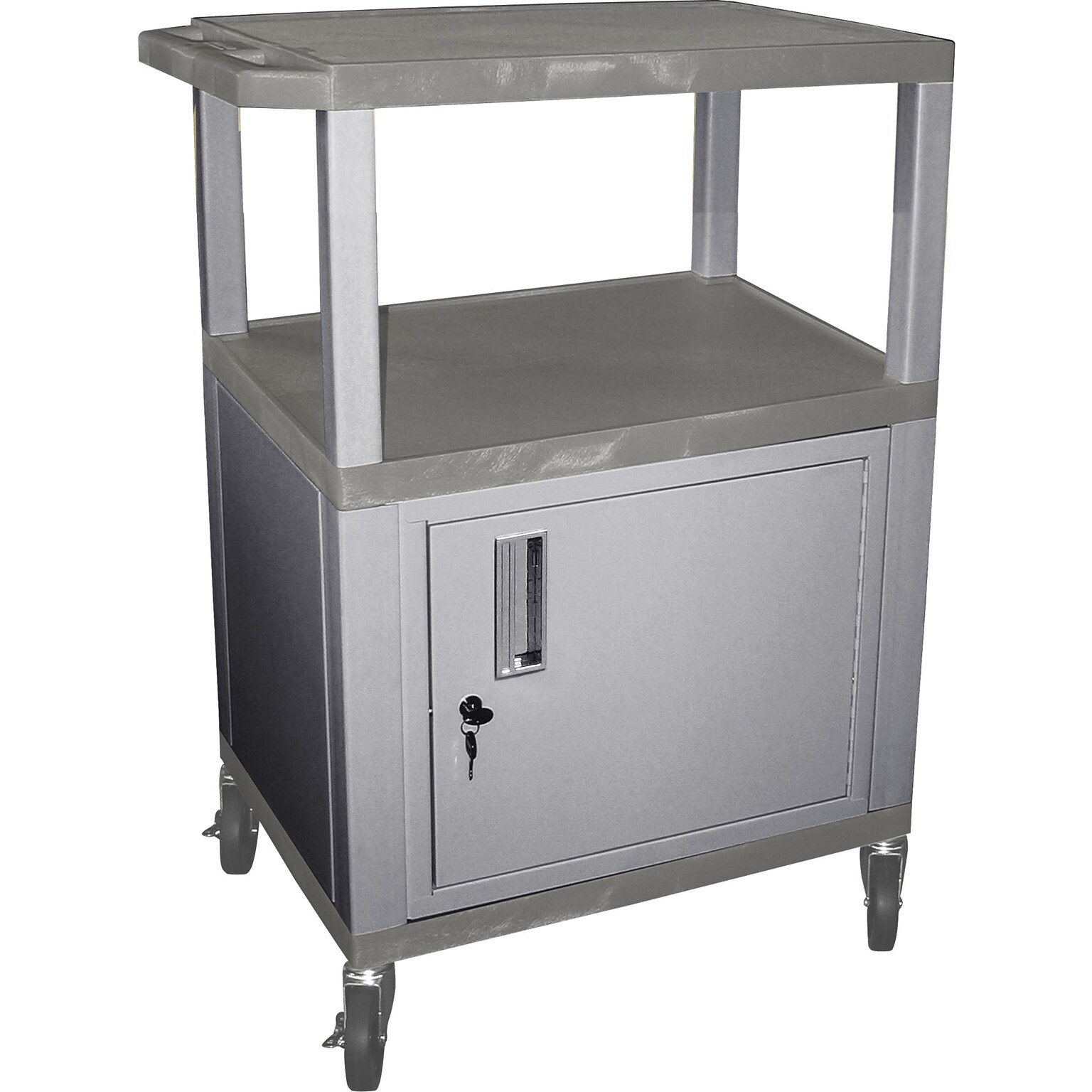 H Wilson 34H 3 Shelves Tuffy AV Cart W/Nickel Legs, Cabinet & Electrical Attachment, Gray