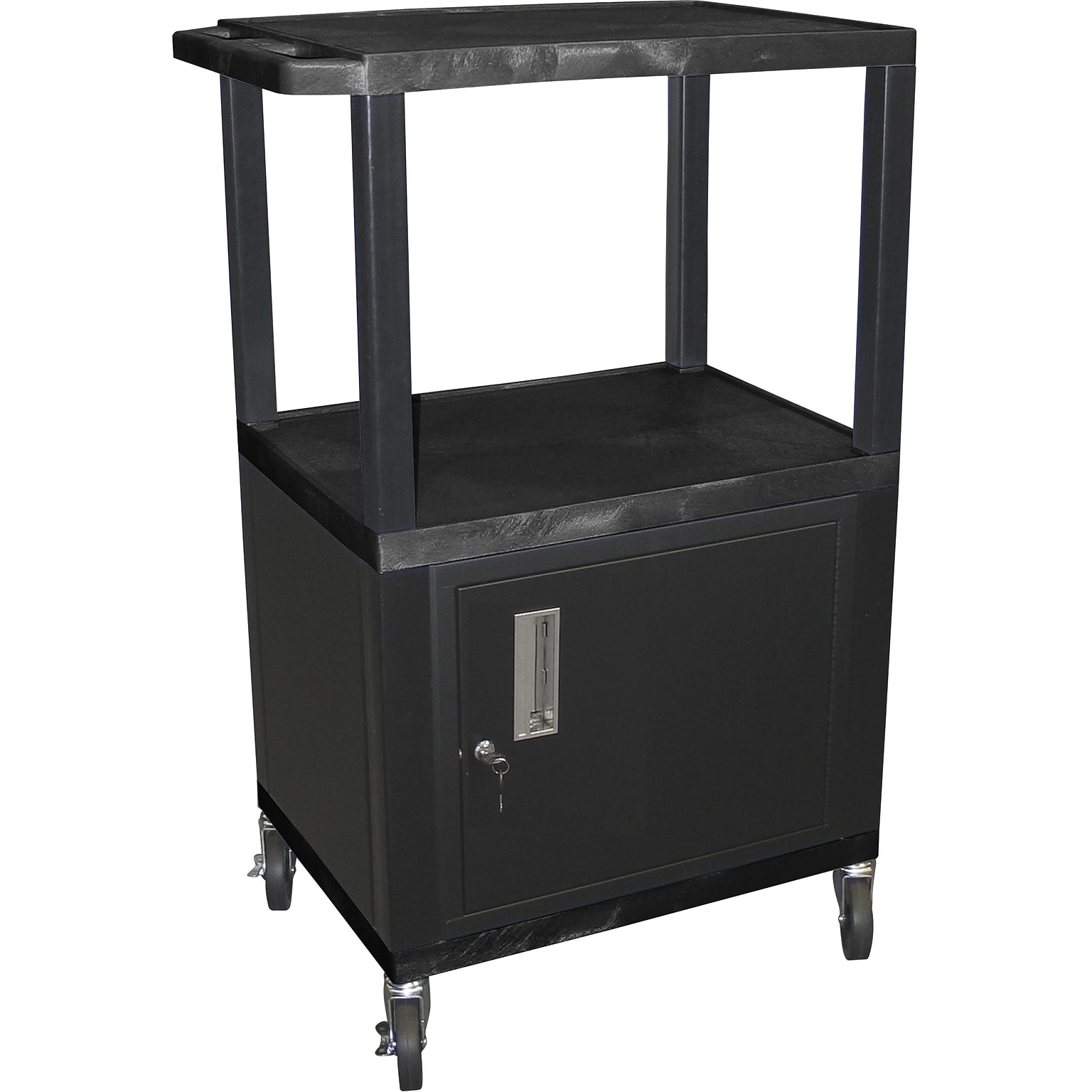 H Wilson® 42 1/2(H) 3 Shelves Tuffy AV Carts W/Cabinet & Electrical Attachment, Black