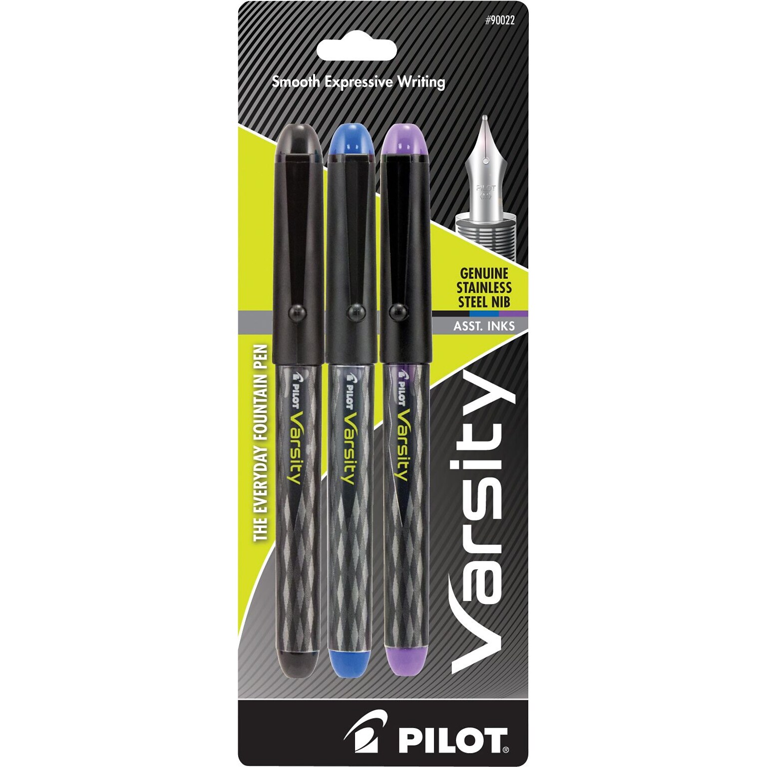 Pilot Varsity Fountain Pens, Medium Point, Assorted Ink, 3/Pack (90022)