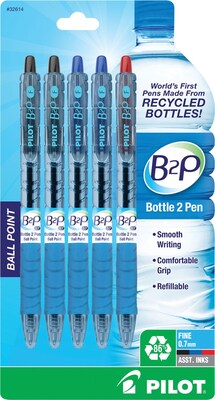 Pilot B2P Bottle-2 Ballpoint Pen, Fine Point, Assorted Ink Colors, 5/Pack (32614)