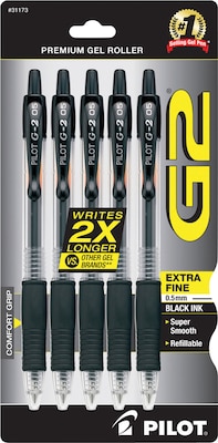 Pilot G2 Retractable Gel Pens, Extra Fine Point, 0.5mm, Black Ink, 5/Pack (31173)