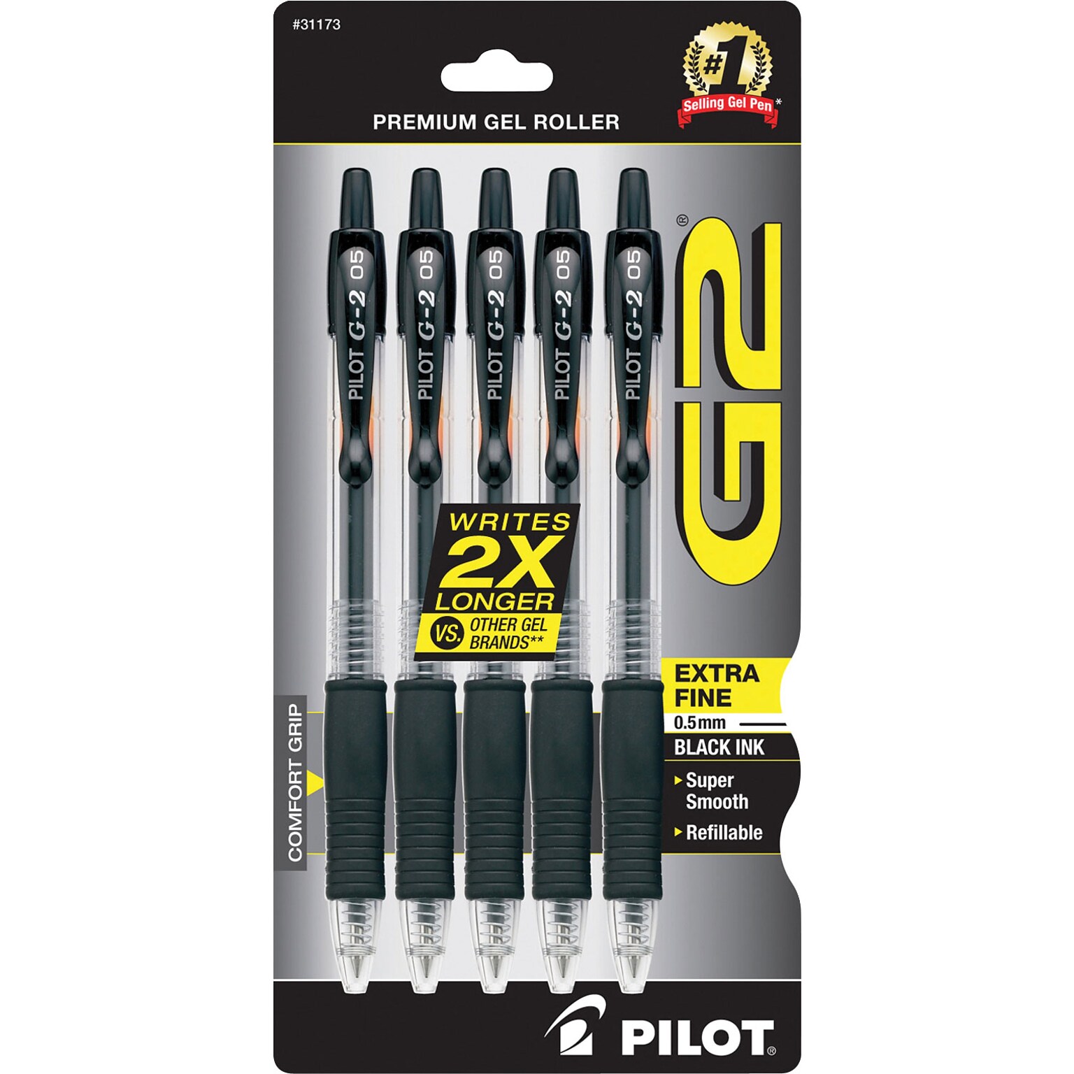 Pilot G2 Retractable Gel Pens, Extra Fine Point, 0.5mm, Black Ink, 5/Pack (31173)