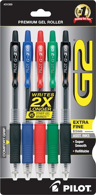 Pilot G2 Gel Pen, Extra Fine Point, Assorted Ink, 5/Pack (31300)