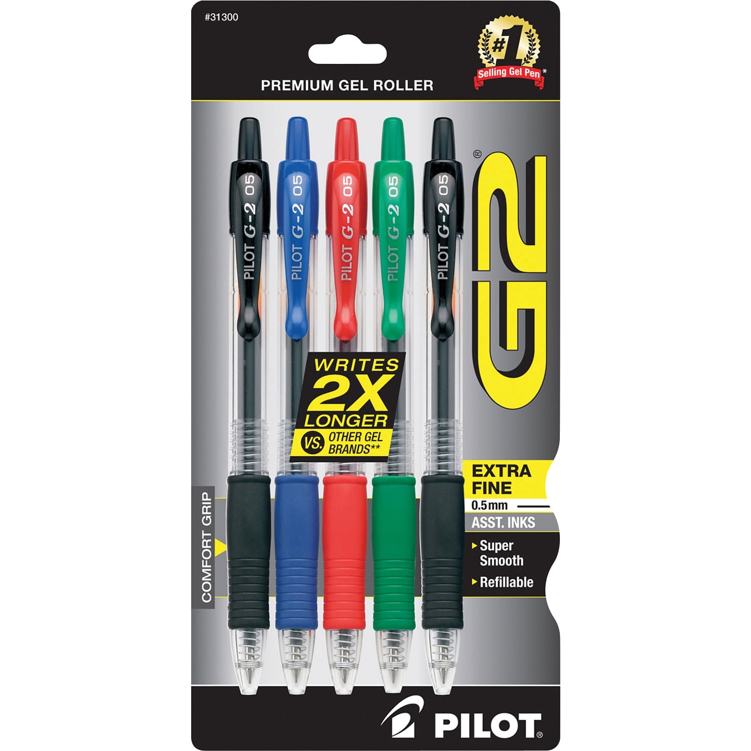 Pilot G2 Gel Pen, Extra Fine Point, Assorted Ink, 5/Pack (31300)