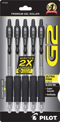 Pilot G2 Retractable Gel Pens, Ultra Fine Point, Black Ink, 5/Pack