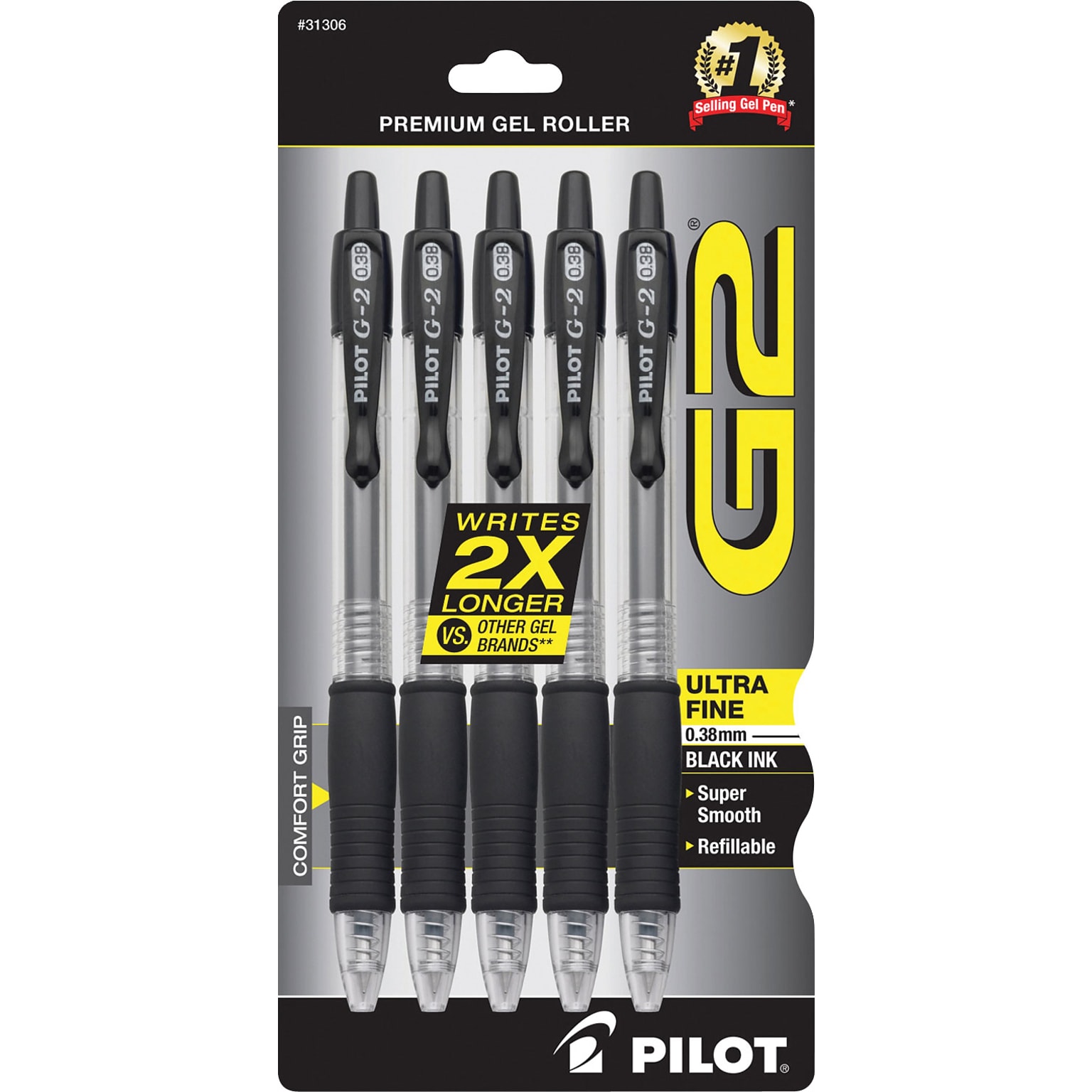 Pilot G2 Retractable Gel Pens, Ultra Fine Point, Black Ink, 5/Pack (31306)