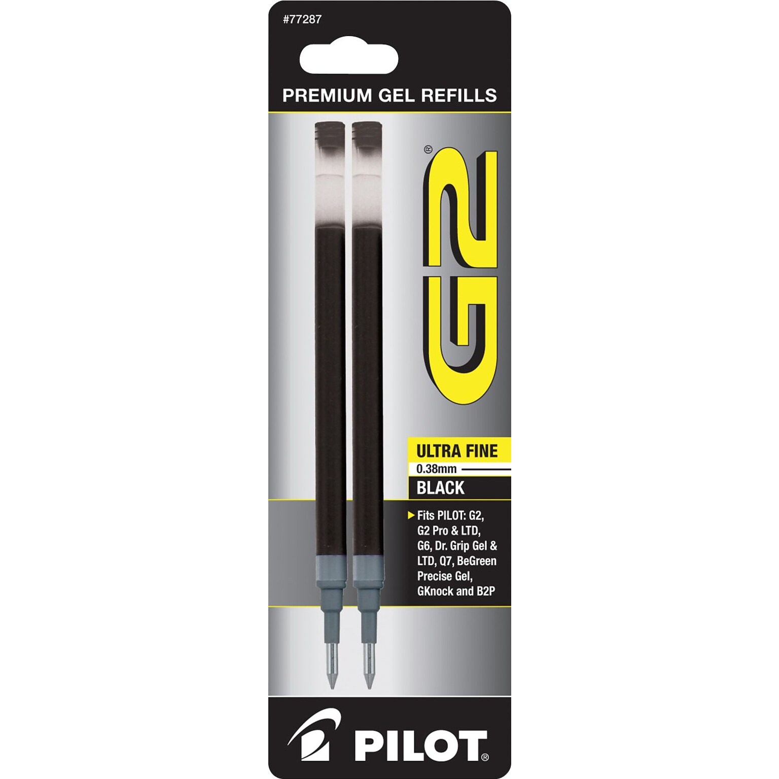 Pilot G2 Gel-Ink Pen Refill, Ultra Fine Tip, Black, 2/Pack (77287)