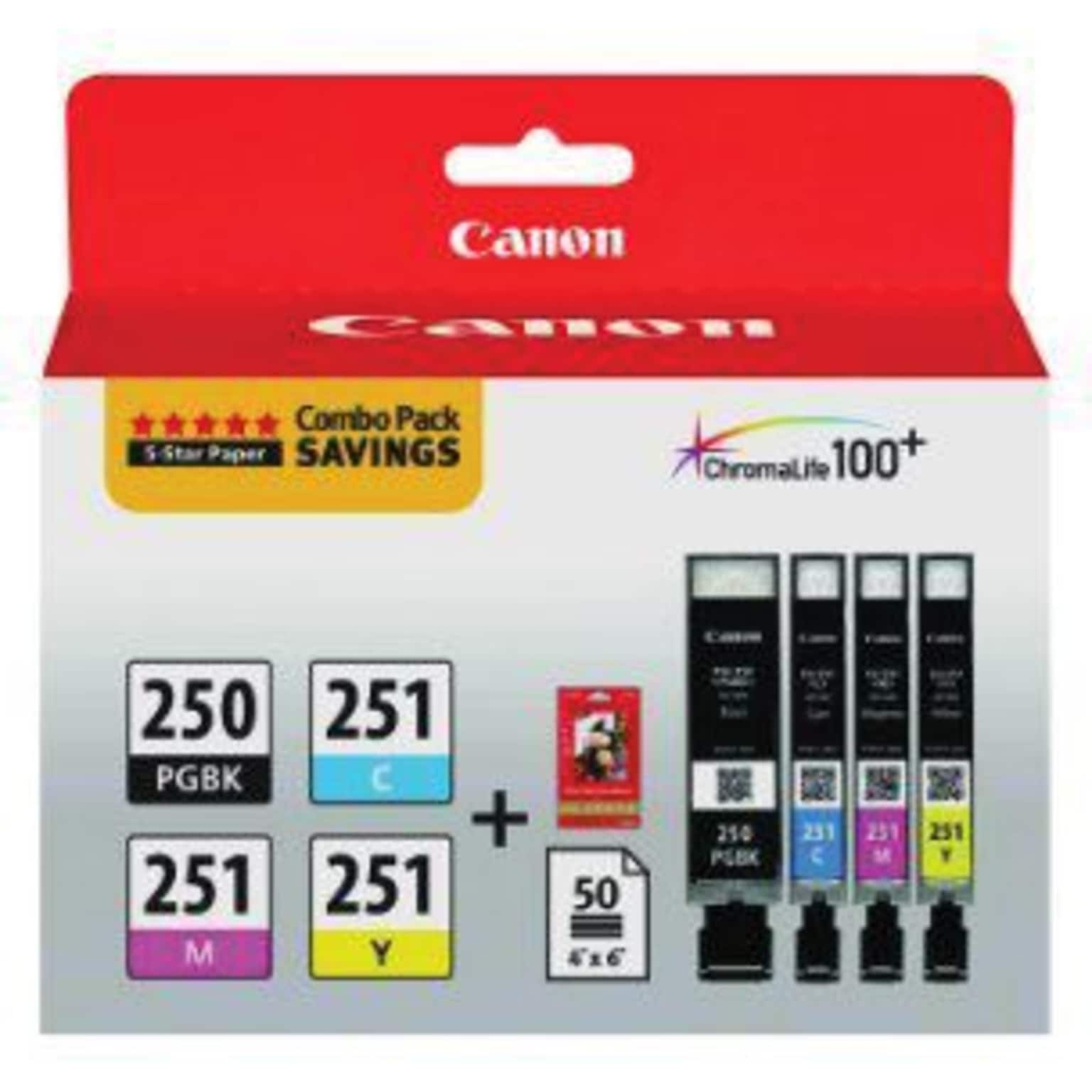 Canon 250/251 Black/Cyan/Magenta/Yellow Standard Yield Ink Cartridges w/ Photo Paper, 4/Pack (6497B004)