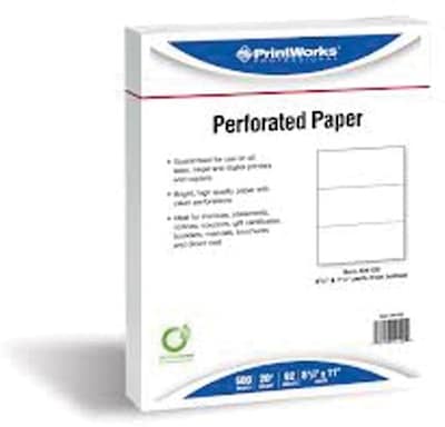 Printworks® Professional 8.5" x 11" Perforated Paper, 20 lbs., 92 Brightness, 2500 Sheets/Carton (04115P)