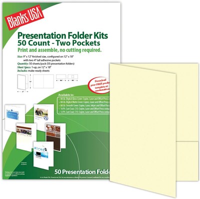Blanks/USA® 9 x 12 80 lbs. Smooth Cover Printable Folder With Two Pocket, Natural/Ivory, 50/Pack