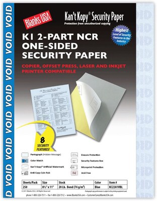 Blanks USA Kant Kopy 8.5 x 11 Carbonless Security Paper, 20 lbs., Blue, 250 Sheets/Pack (KC22A1VB