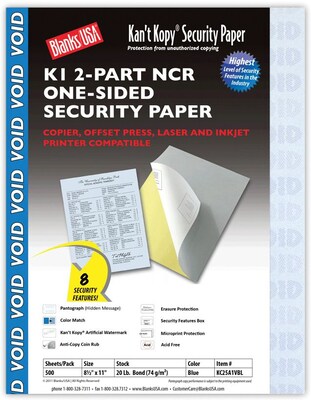 Blanks USA Kant Kopy 8.5 x 11 Carbonless Security Paper, 20 lbs., Blue, 500 Sheets/Ream (KC25A1VB