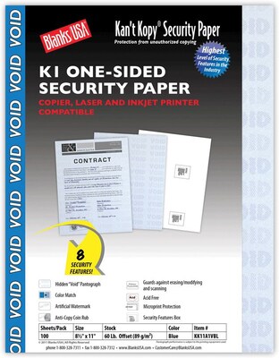 Blanks USA Kant Kopy 8.5 x 11 Security Paper In Middle, 60 lbs., Void Blue, 100 Sheets/Pack (KK11A1VBL)