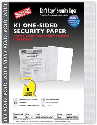 Blanks/USA® Kant Kopy® 8 1/2 x 11 60 lbs. K1 Security Paper, Void Gray, 100/Pack