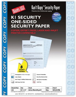 Blanks USA Kant Kopy 8.5 x 11 Security Paper, 60 lbs., Blue, 250 Sheets/Pack (KK12A1CPBL)