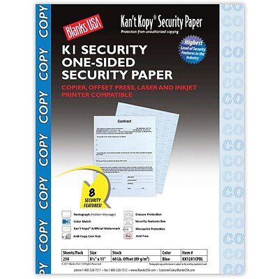 Blanks/USA® Kant Kopy® 8 1/2 x 11 60 lbs. K1 Features Box Security Paper, Copy Blue, 250/Pack