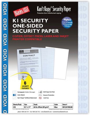 Blanks USA Kant Kopy 8.5 x 11 Security Paper, 60 lbs., Blue, 250 Sheets/Pack (KK12A1VBLNB)