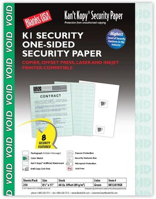 Blanks USA Kant Kopy 8.5 x 11 Security Paper, 60 lbs., Green, 250 Sheets/Pack (KK12A1VGR)