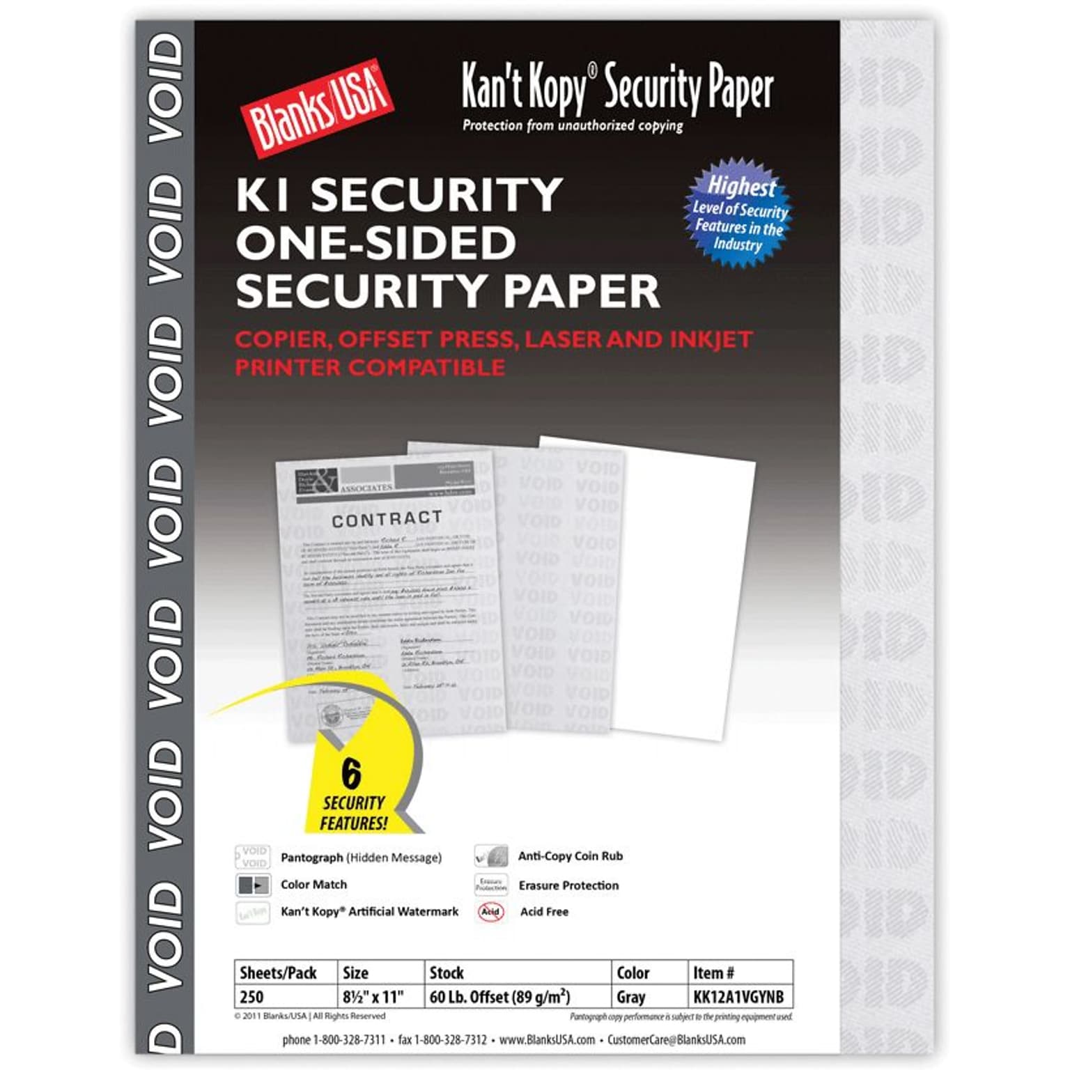 Blanks USA Kant Kopy 8.5 x 11 Security Paper, 60 lbs., Gray, 250 Sheets/Pack (KK12A1VGYNB)