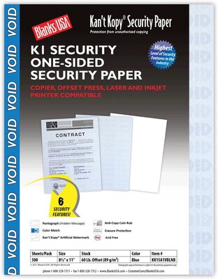 Blanks USA Kant Kopy 8.5 x 11 Security Paper, 60 lbs., Blue, 500 Sheets/Ream (KK15A1VBLNB)