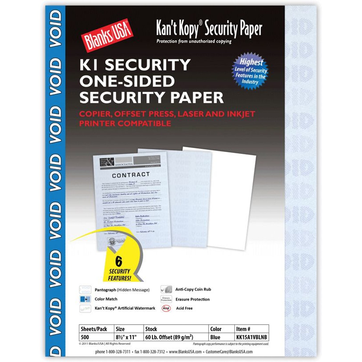 Blanks USA Kant Kopy 8.5 x 11 Security Paper, 60 lbs., Blue, 500 Sheets/Ream (KK15A1VBLNB)