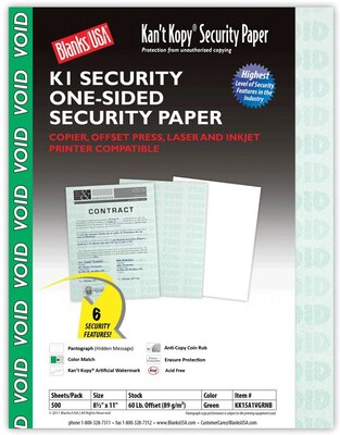 Blanks USA Kant Kopy 8.5 x 11 Security Paper, 60 lbs., Green, 500 Sheets/Ream (KK15A1VGRNB)