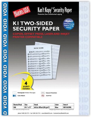 Blanks USA Kant Kopy 8.5 x 11 Security Paper, 60 lbs., Blue, 500 Sheets/Ream (KK15A2VBL)