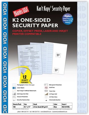 Blanks/USA® Kant Kopy® 8 1/2 x 11 60 lbs. K2 Security Paper, Void Blue, 100/Pack