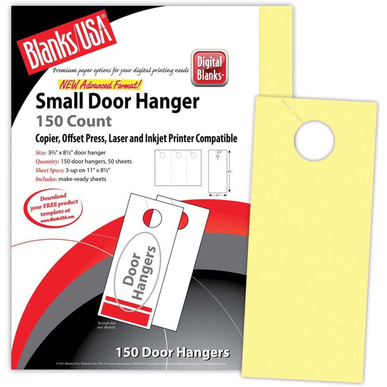 Blanks/USA® Digital Bristol Cover Door Hanger, 3.67 x 8 1/2, Canary Yellow, 50/Pack