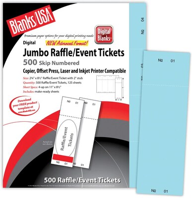 Blanks/USA® 2 3/4 x 8 1/2 Numbered 01-500 Digital Index Cover Raffle Ticket, Blue, 125/Pack