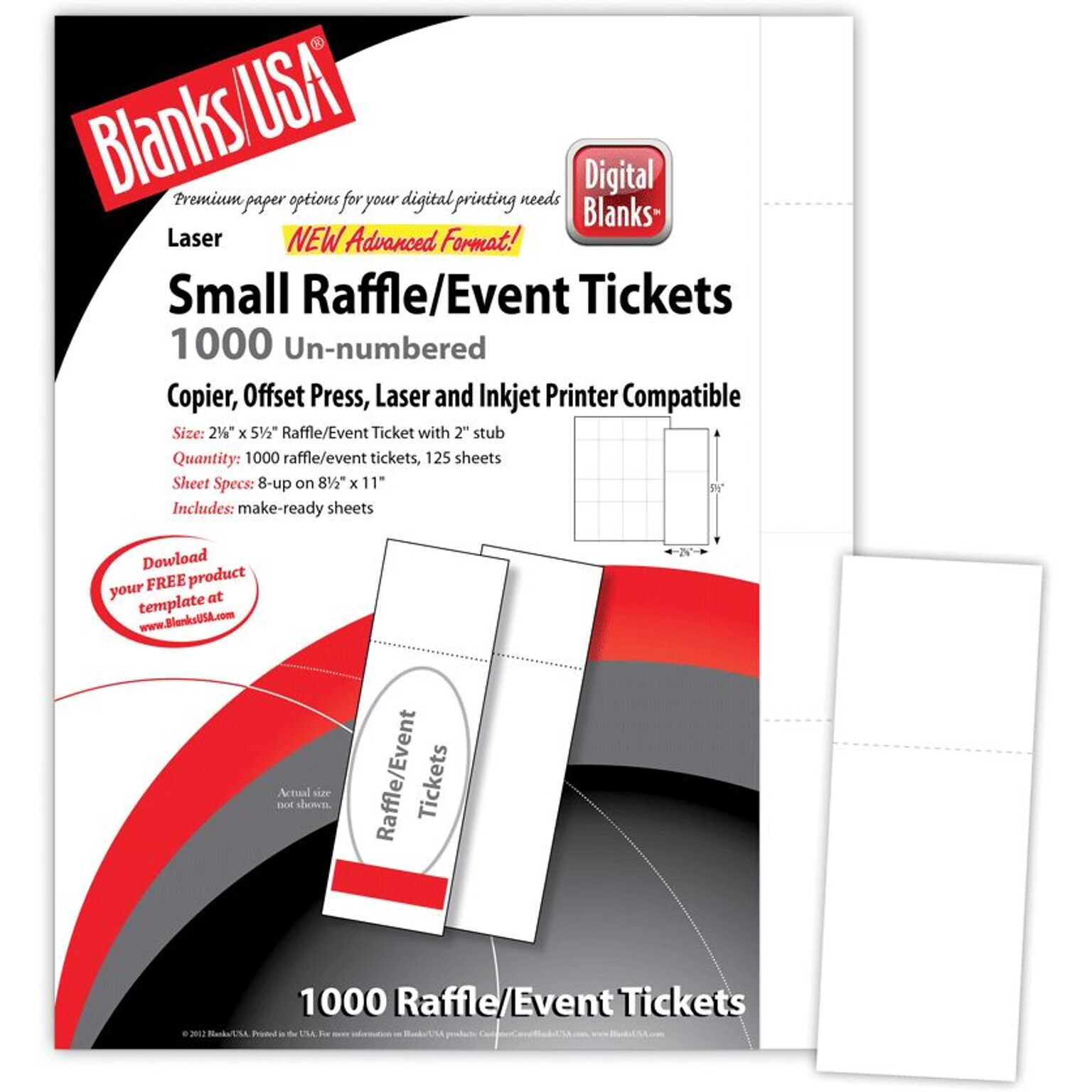 Blanks/USA® 2 1/8 x 5 1/2 Digital Index Cover Event Ticket, White, 125/Pack