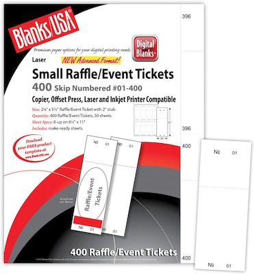 Blanks/USA® 2 1/8 x 5 1/2 Numbered 01-400 Digital Index Cover Raffle Ticket, White, 50/Pack