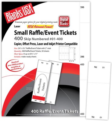 Blanks/USA® 2 1/8 x 5 1/2 Numbered 01-400 Digital Index Cover Raffle Ticket, White, 50/Pack