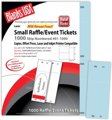 Blanks/USA® 2 1/8 x 5 1/2 Numbered 01-1000 Digital Index Cover Raffle Ticket, Blue, 125/Pack