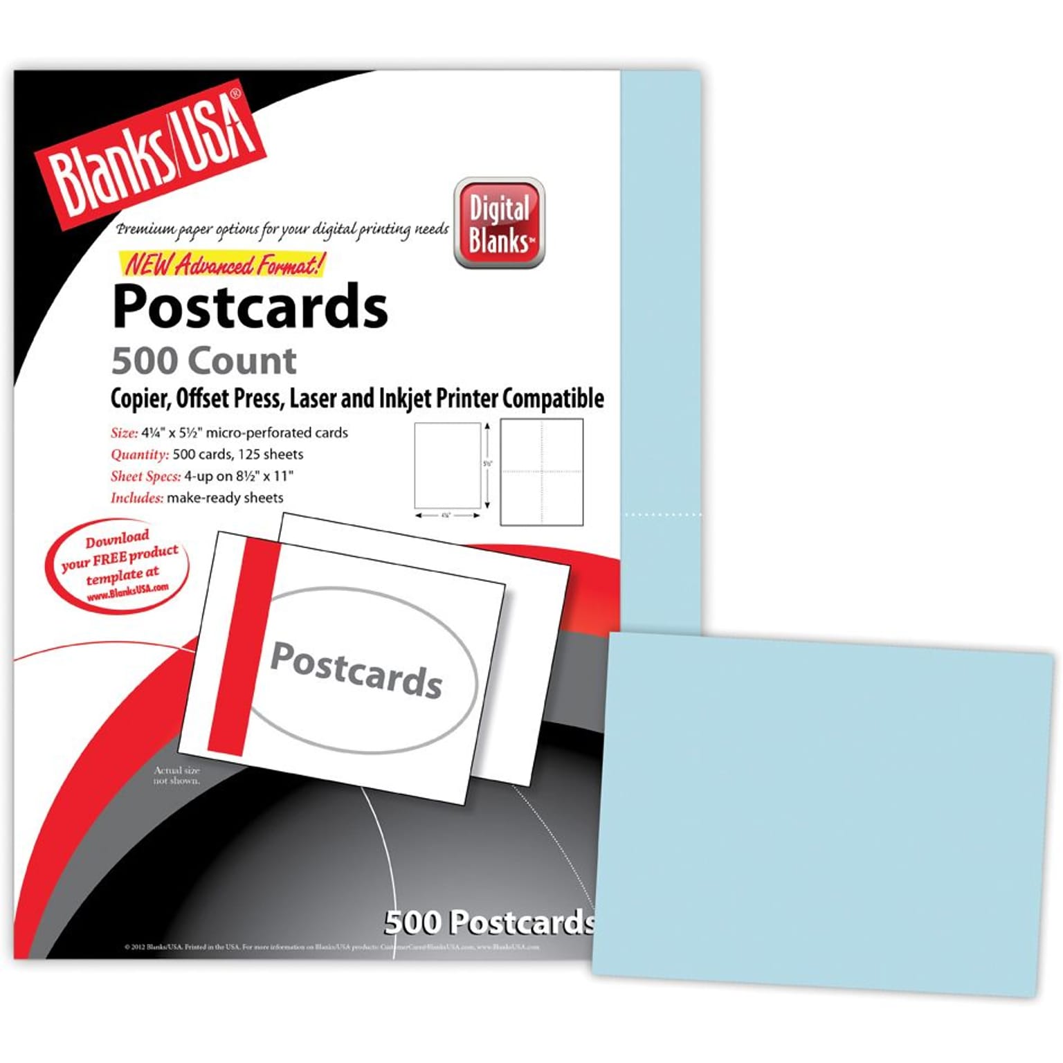 Blanks/USA® Bristol Digital Postcard,  5 1/2 x 4 1/4, Blue, 125/Pack