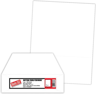 Blanks/USA® 8 1/2 x 11 60 lbs. Perforated 7 1/2 Business Form, White, 500/Pack