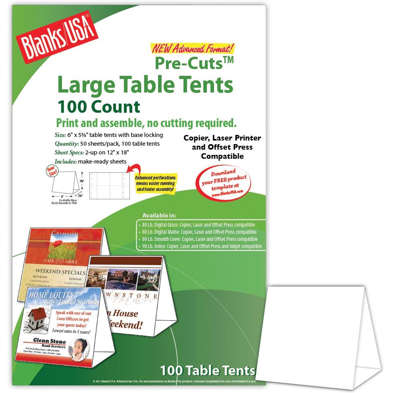 Blanks/USA® 6 x 3 3/8 x 5 5/8 80 lbs. Digital Table Tent, White, 100/Pack
