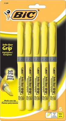 BIC Brite Liner Highlighters with Grip, Chisel Tip, Yellow, 5/Pack (31289)