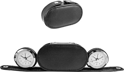 Natico Faux Leather Folding Dual Time Travel Alarm With Case, Black