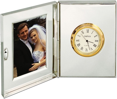 Natico Polished Silver Metal Desk Clock With Frame