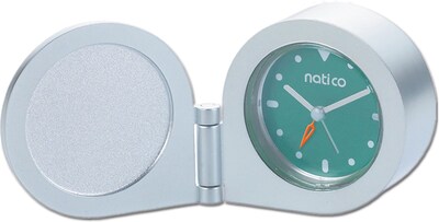 Natico Round Travel Alarm Clock, Matte Silver