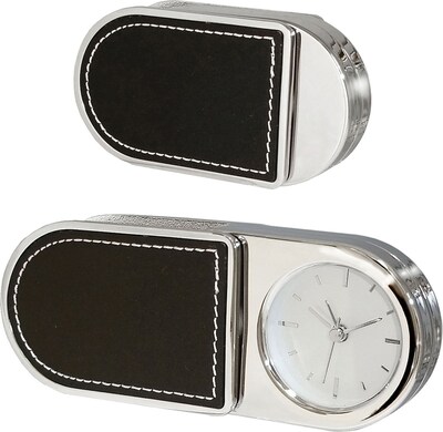 Natico Metal Folding Alarm Clock With Leather Trim, Silver, Black