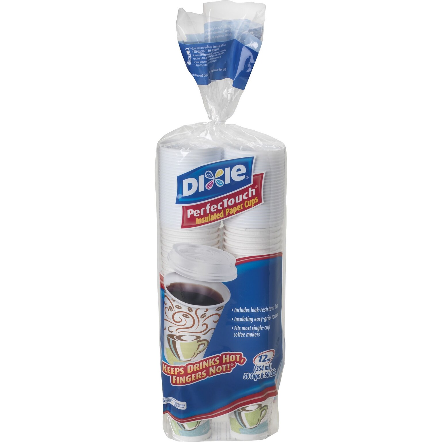 Dixie PerfecTouch WiseSize Paper Cup & Lid Combo, 12 Oz., White, 50/Pack (5342COMBO600)