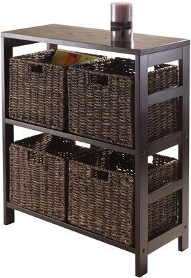 Winsome Granville Wood 5-Pc Storage Shelf With 4 Foldable Corn Husk Baskets, Espresso